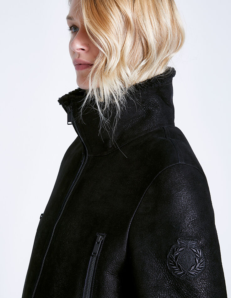 Manteau noir en vraie peau retournée zippée Femme-4