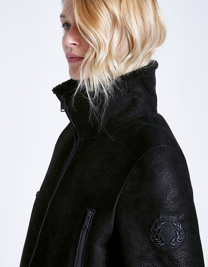 Manteau noir en vraie peau retournée zippée Femme - IKKS