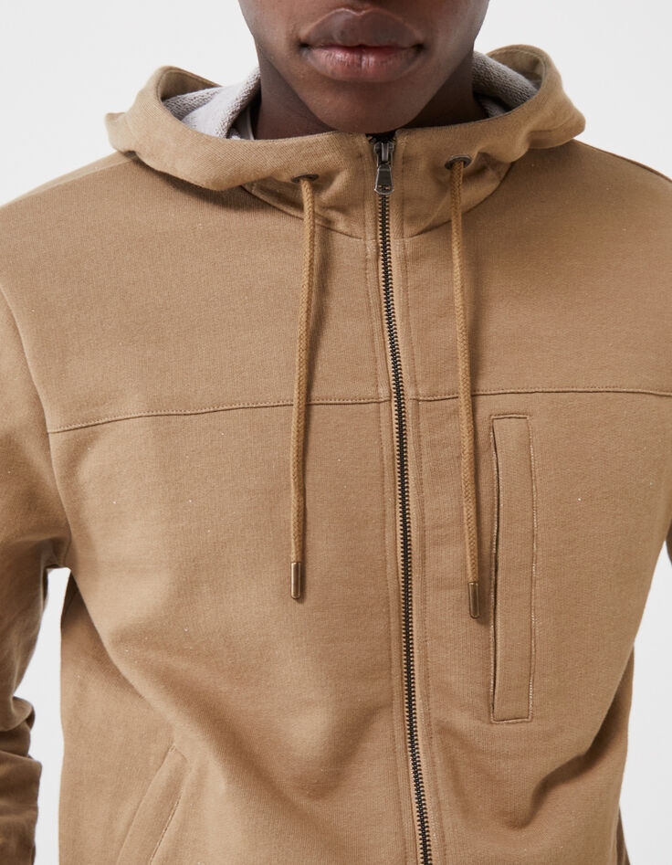Cardigan beige molleton à capuche Homme-1