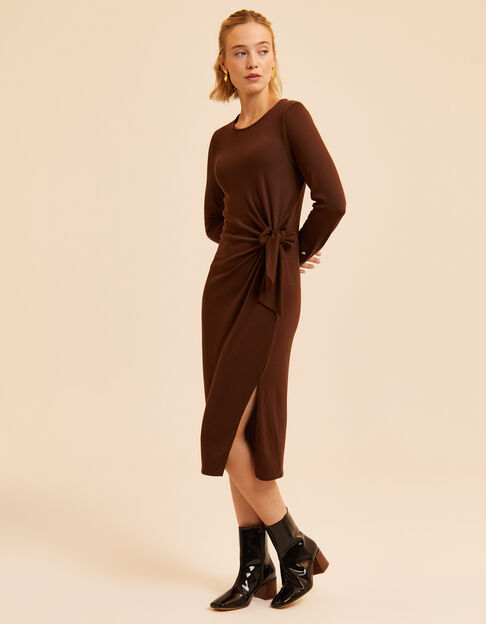 Lange bruine kokerjurk opzij te knopen I.Code