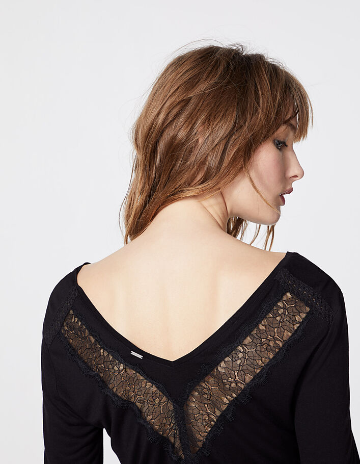 Women’s black lace back viscose V-neck T-shirt - IKKS