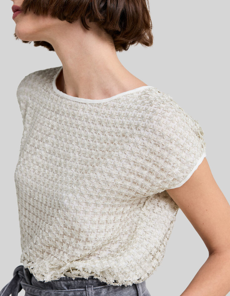 Tee-shirt macram&eacute; col rond ecru femme-4