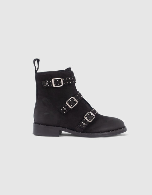 Girls’ black buckle and studs leather combat boots - IKKS