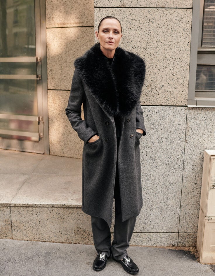 Women’s grey straight coat, detachable black fur collar-1
