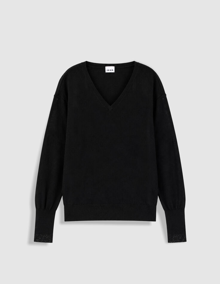 Pull encolure V noir 100% laine Femme-5