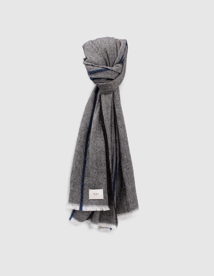 Men&rsquo;s grey scarf with indigo stripe & chevron motif-1