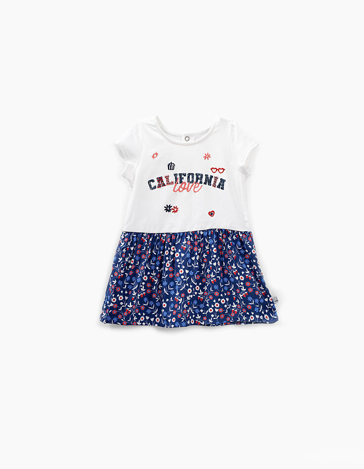 Robe bi matière blanc et navy imprimé bébé fille-1