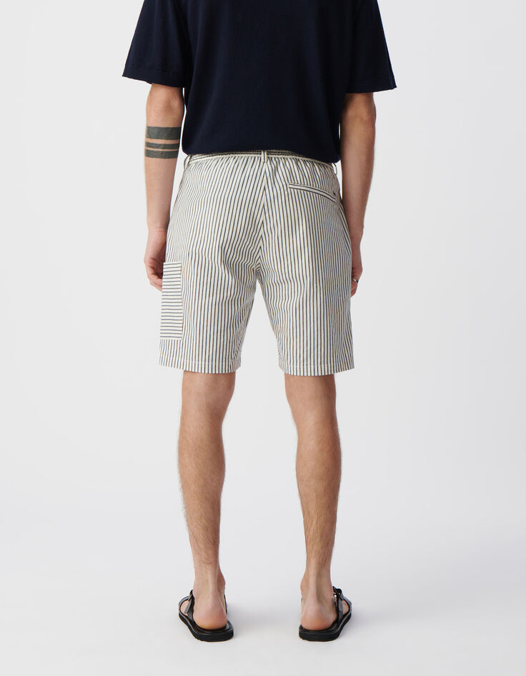 Men&rsquo;s ecru CROPPED Bermudas with navy stripes-3