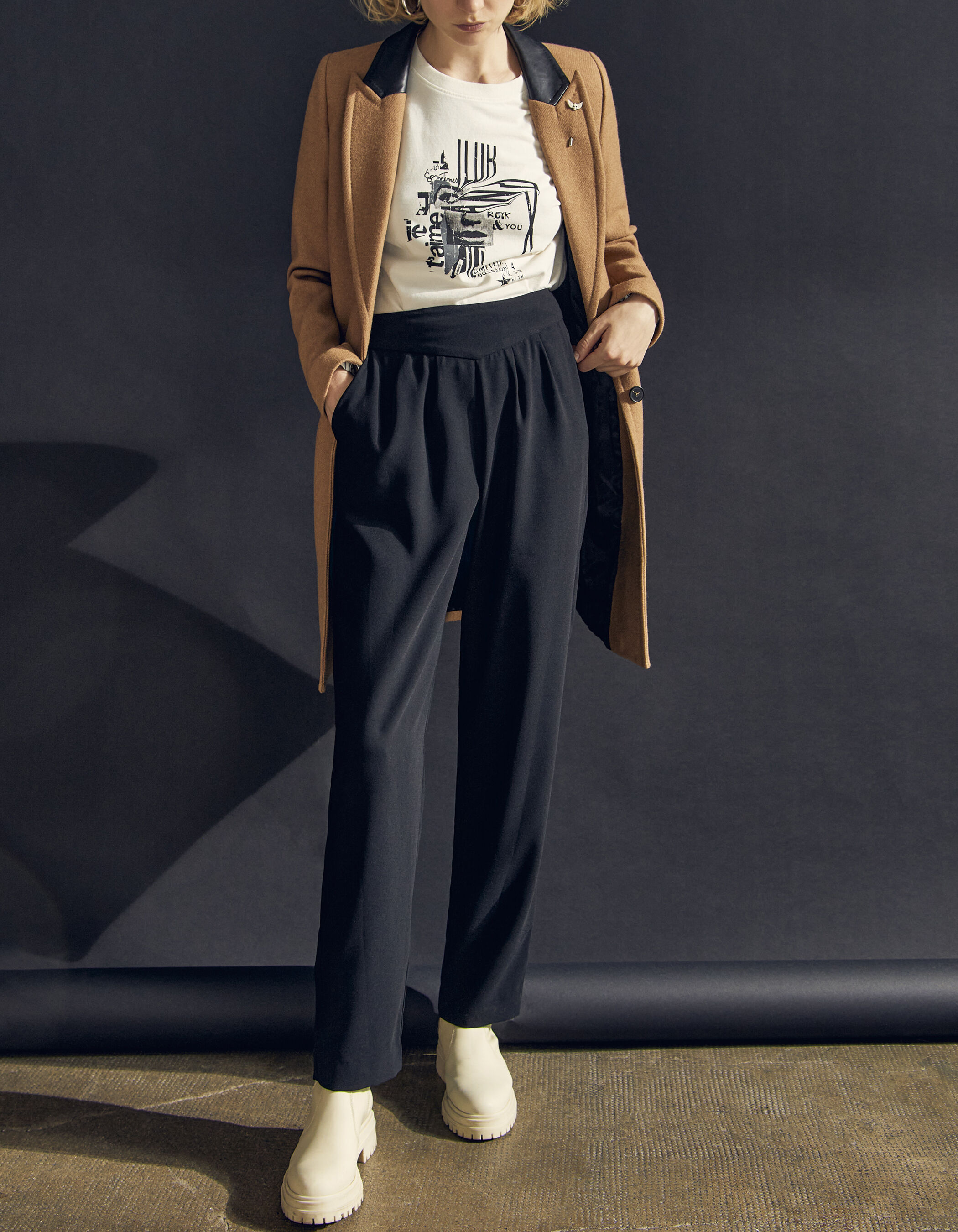 Manteau col tailleur camel avec bande grise trompe l il femme IKKS