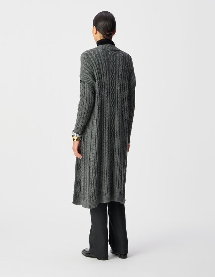 Lang grijs vest details kabelbreiwerk Dames-5