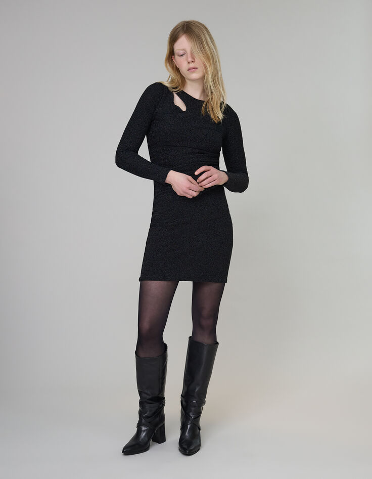 Pure Edition-Robe noire maille lurex col asymétrique Femme-1