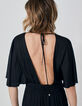 Vestido negro raso reciclado cintura drapeada mujer-2