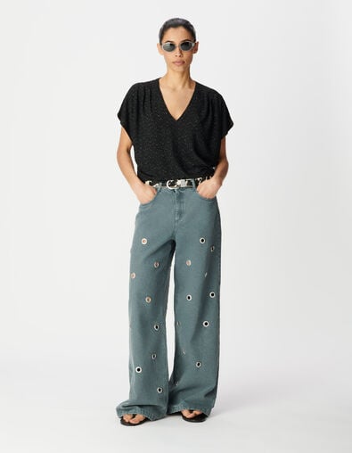 Lockeres schwarzes Lurex-Strick-T-Shirt f&uuml;r Frauen - IKKS