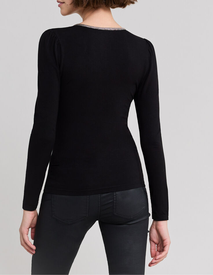 Schwarzes Damen-T-Shirt Metallic-Mesh-Saum-3