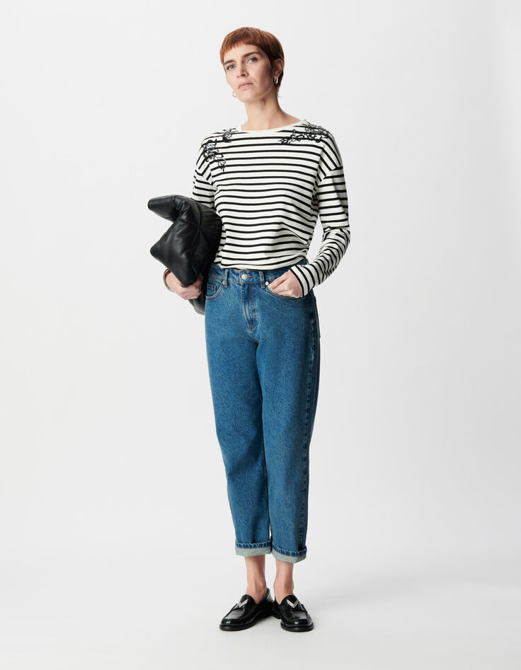 Mujer camiseta marineras de algod&oacute;n org&aacute;nico con bordado en el hombro-1