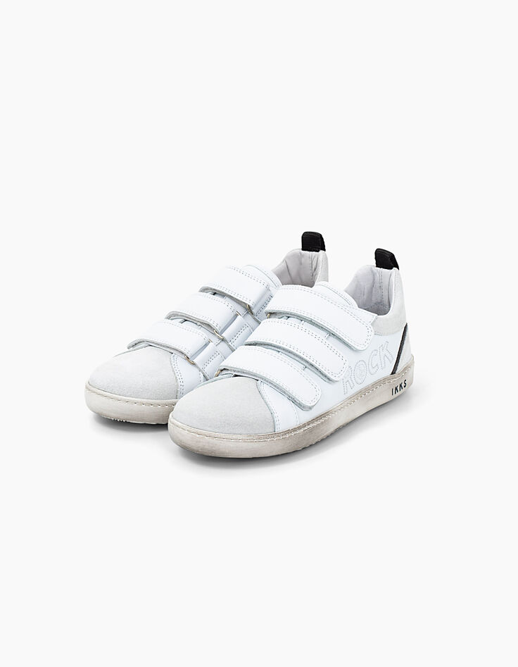 Tennis blanc cassé en cuir à scratchs avec typo garçon -1