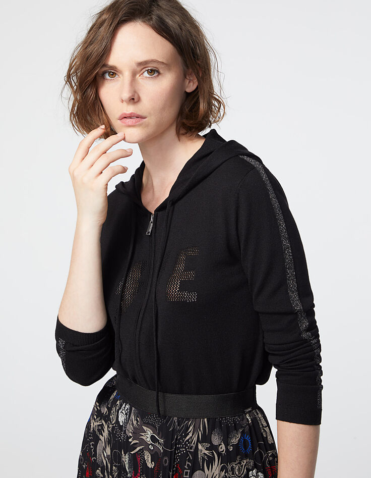 Cardigan zippé noir à capuche visuel Love femme-4