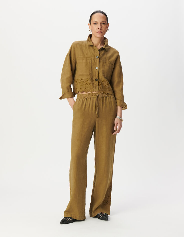 Chemise courte lin kaki brodé Femme-1