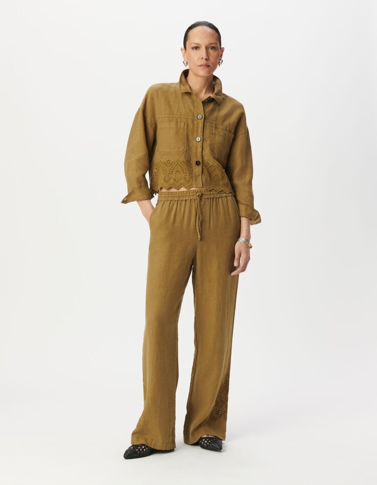 Chemise courte lin kaki brodé Femme-1 Chemise courte lin kaki brodé Femme-1