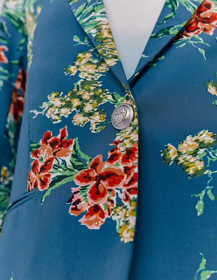 Smaragdgr&uuml;ner Damenchiffonblazer mit Blumenstrau&szlig;-Print-3