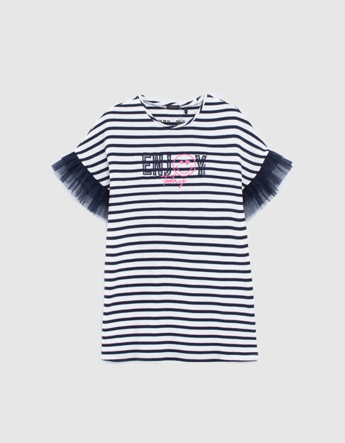 Girls’ sailor-stripe cotton dress, SMILEYWORLD tulle sleeves - IKKS