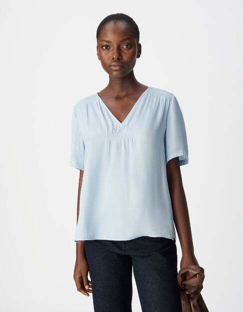 Top bleu satin&eacute; d&eacute;tails smocks Femme - IKKS