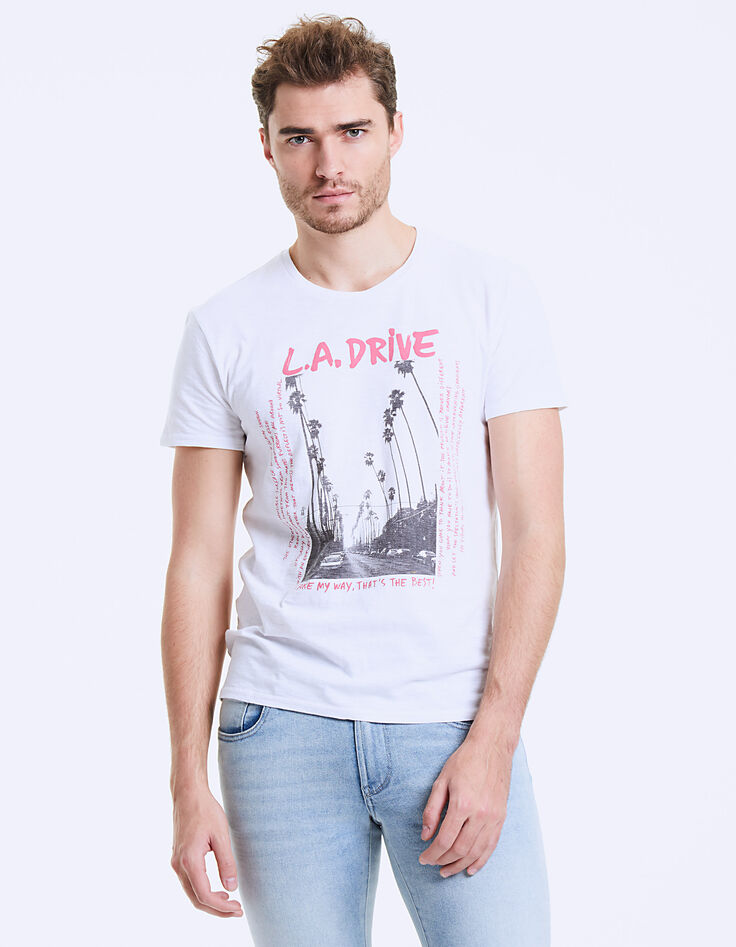 Camiseta blanca con foto palmeras L.A DRIVE Hombre-3