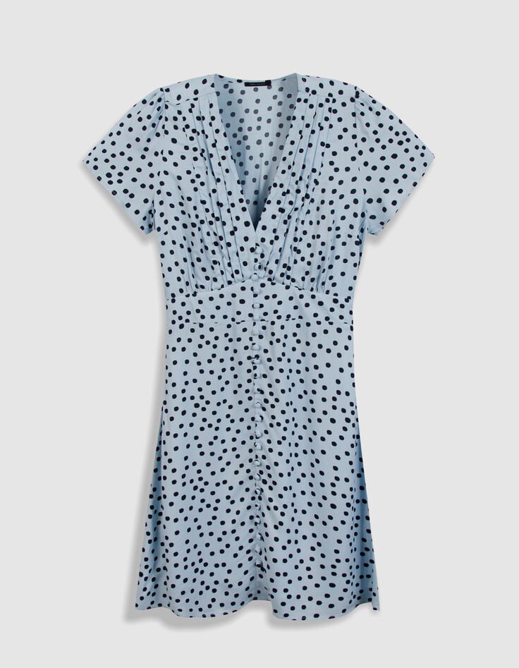 Robe bleu ciel imprim&eacute;e col V manches courtes femme-1
