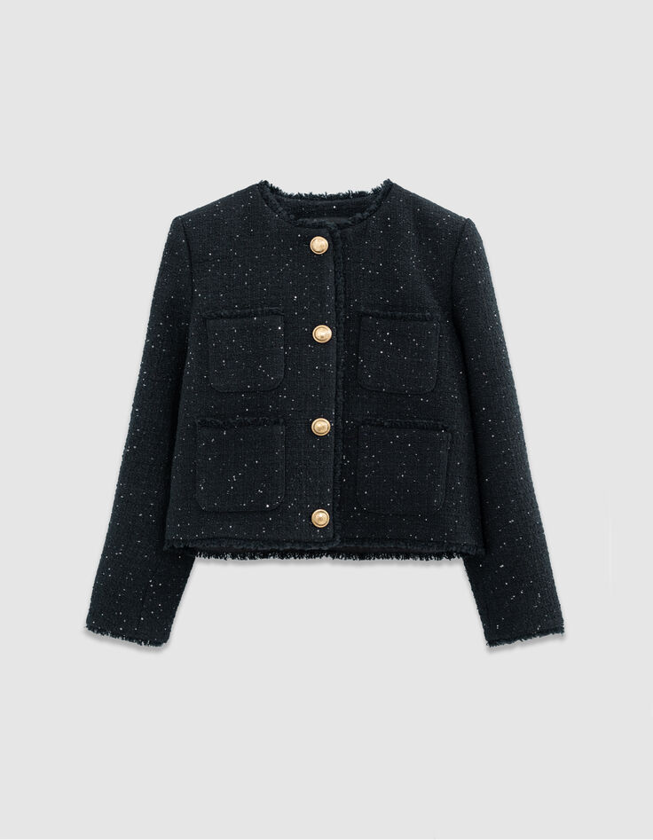 Chaqueta corta azul marino tweed lentejuelas mujer-6