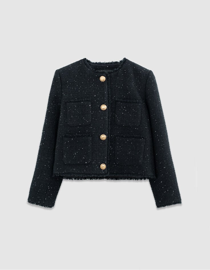 Women’s navy tweed-style short jacket, embroidered sequins-6 Women’s navy tweed-style short jacket, embroidered sequins-6