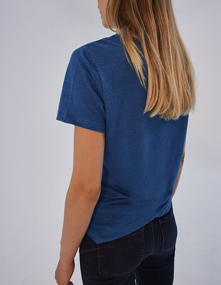 Blau Damen-T-Shirt aus Leinen mit Veloursflockierung - IKKS