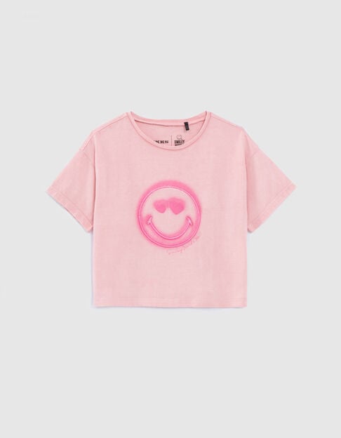Girls’ pink T-shirt with SMILEYWORLD embroidery