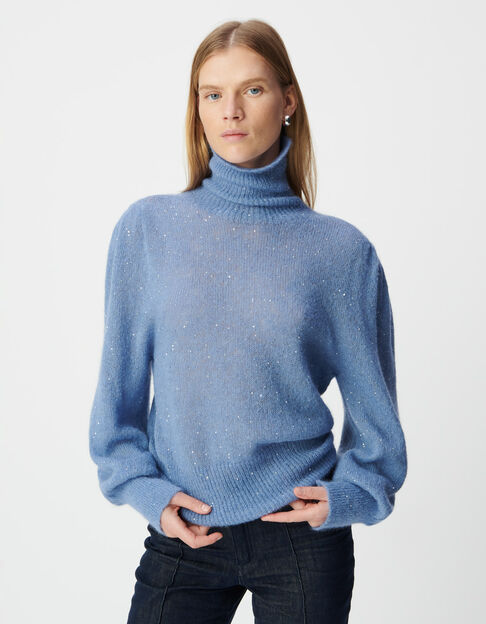 Damen-Rollpulli blau Strick Pailletten Ballon&auml;rmel - IKKS