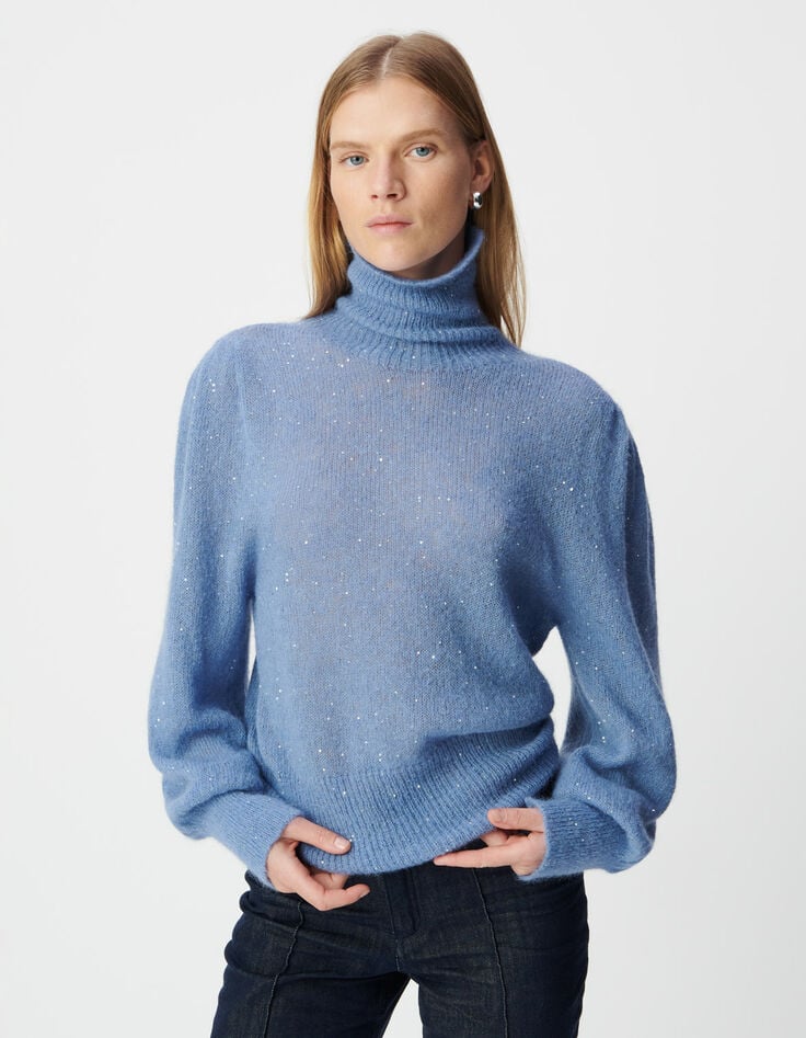 Damen-Rollpulli blau Strick Pailletten Ballon&auml;rmel-1