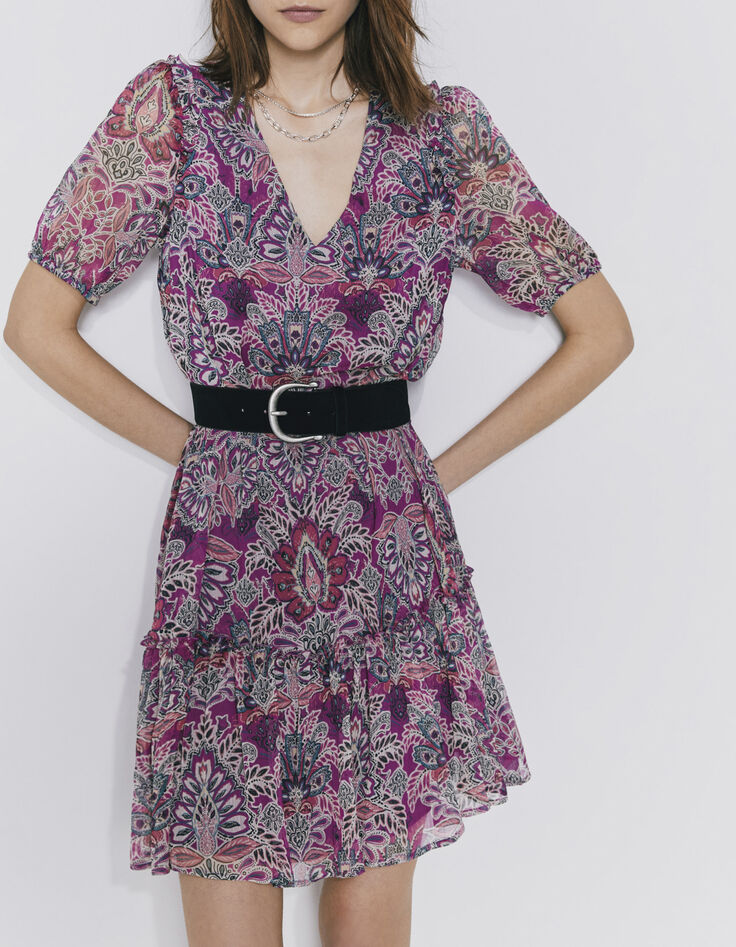 Robe courte en voile fuchsia imprimé bandana floral femme-1