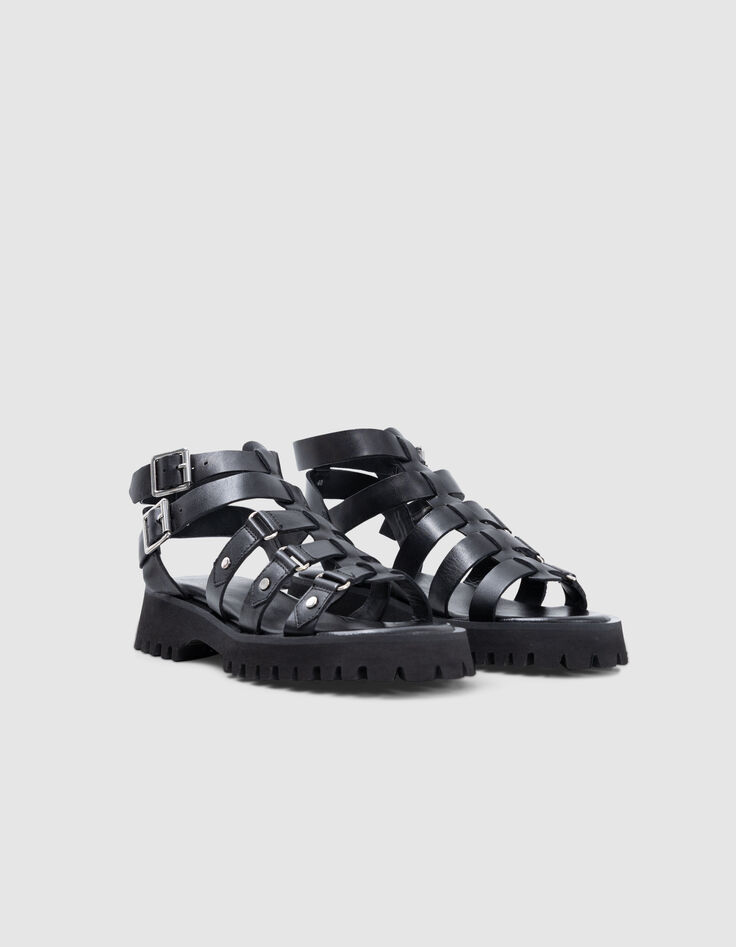 Sandales spartiate noires cuir Femme-4