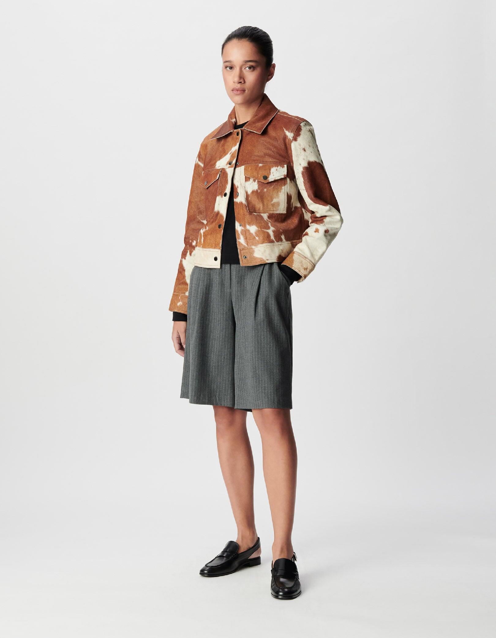 Women's brown leather short jacket with cow pattern IKKS