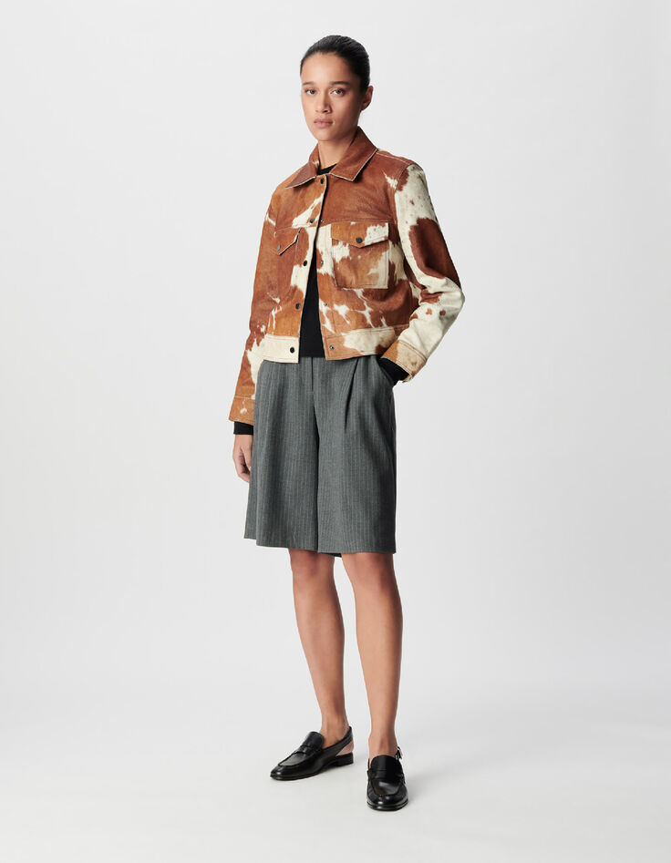 Veste courte en cuir marron motif vache Femme-2
