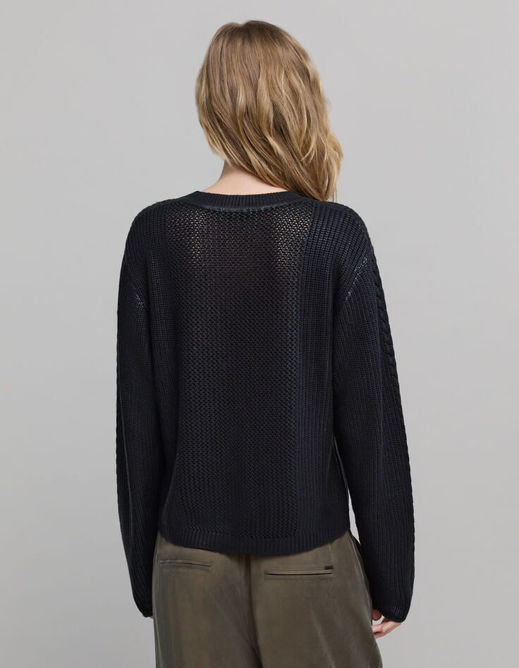 Women's black openwork knit sweater-3