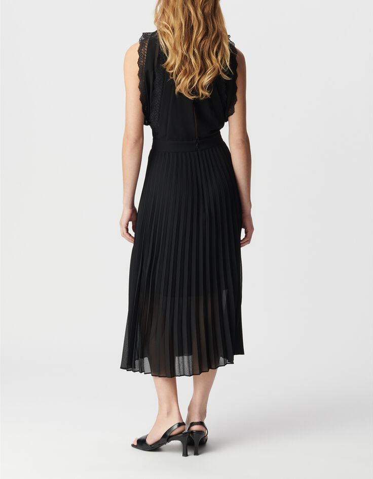 Robe longue noire pliss&eacute;e bandes dentelle Femme-3