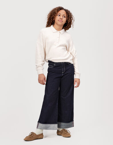 Marineblaue weite Mädchenjeans mit festem Revers - IKKS