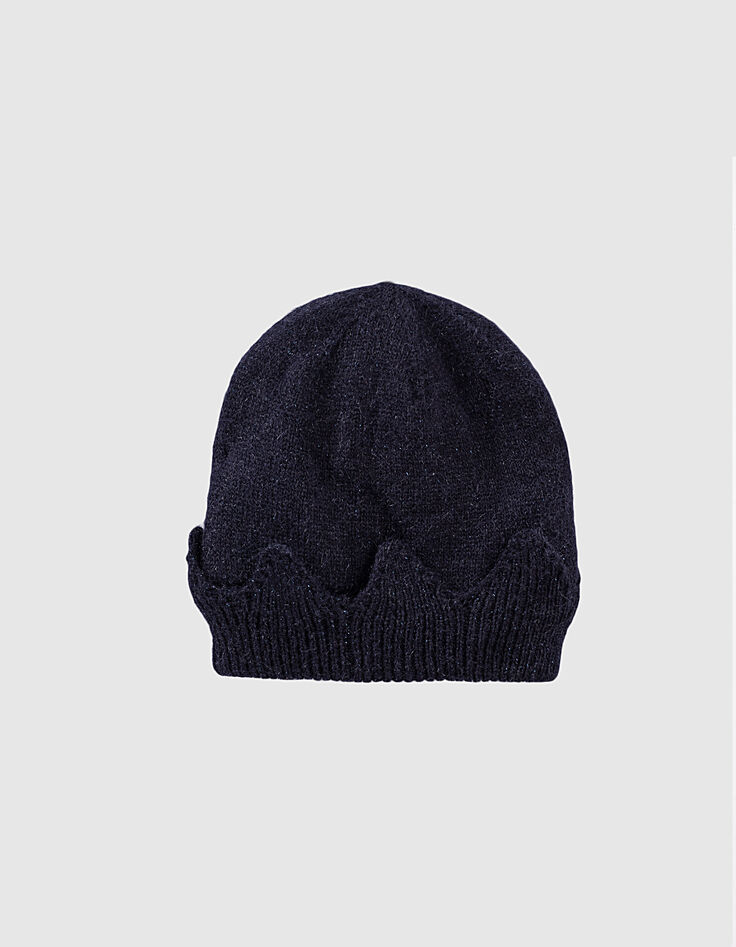 Bonnet navy foncé tricot à revers esprit couronne fille-3 Bonnet navy foncé tricot à revers esprit couronne fille-3