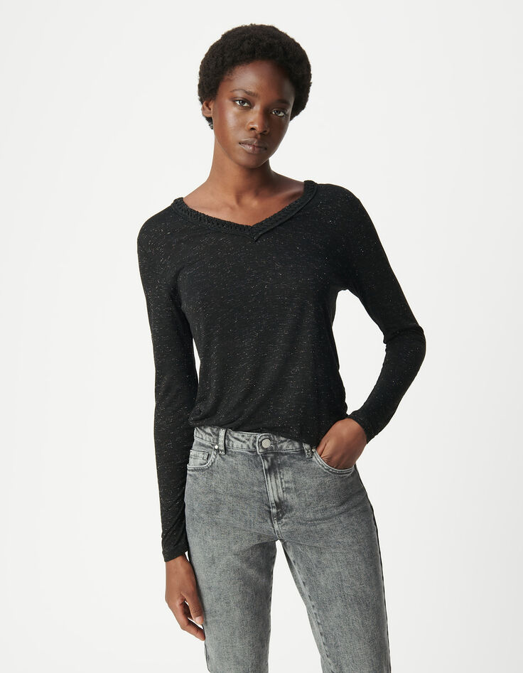 Tee-shirt noir paillet&eacute; encolure tress&eacute;e Femme-3