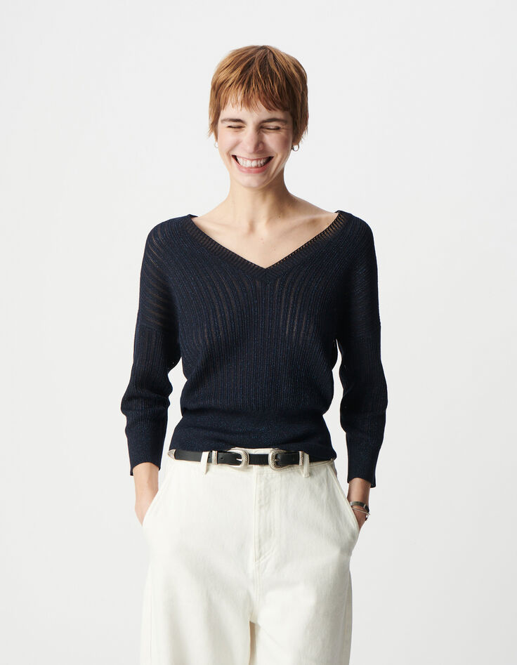 Schicker navyfarbener durchbrochener Lurex-Pullover für Damen-2