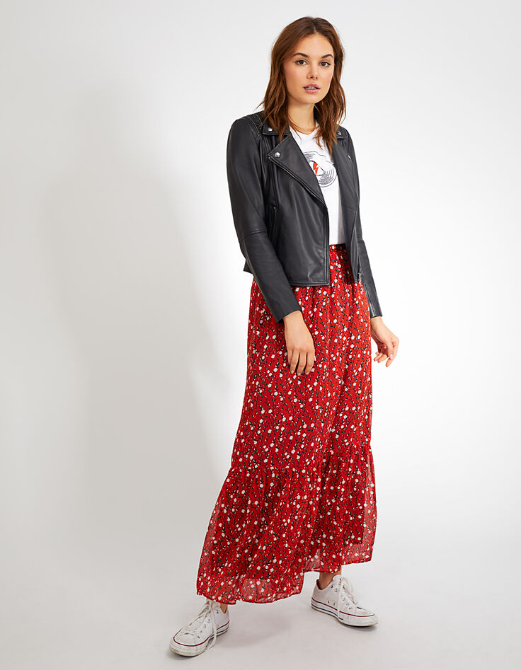 Falda larga rojo cornalina estampado flores I.Code-6