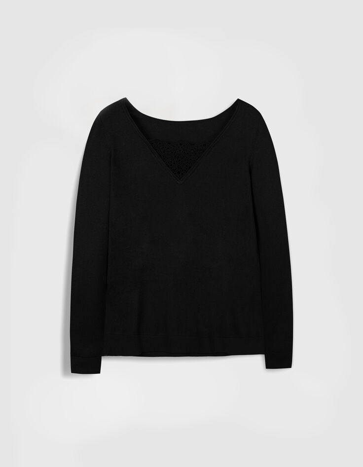 Women&rsquo;s black fine knit sweater with lace insert on back-6