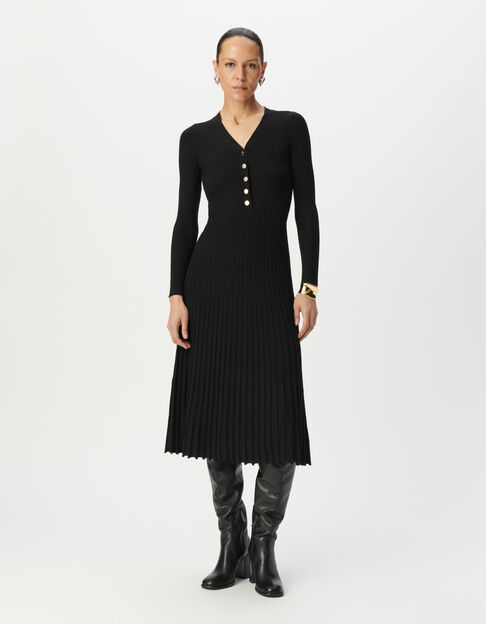 Vestido largo negro punto plisado mujer - IKKS