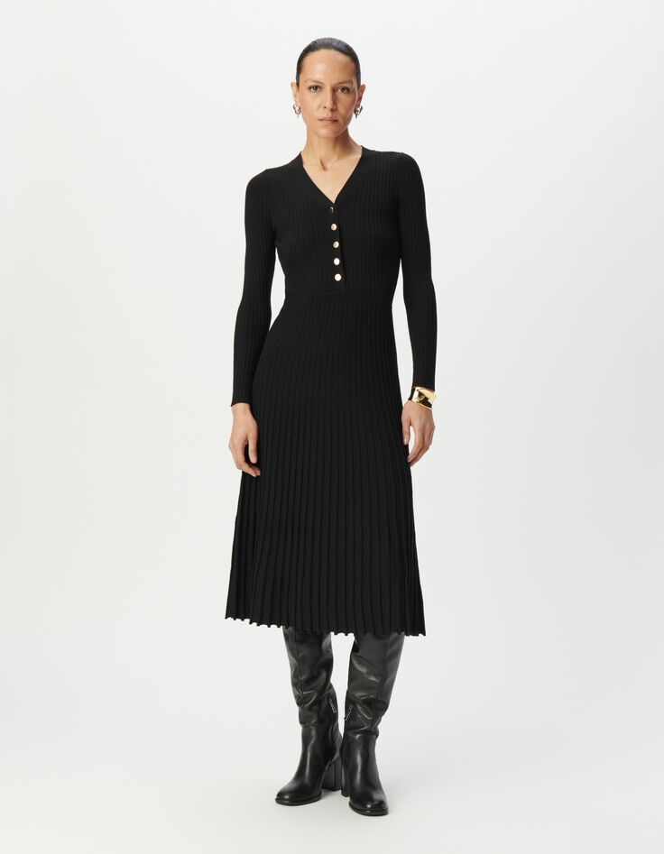 Robe longue noire tricot effet plissé Femme-1