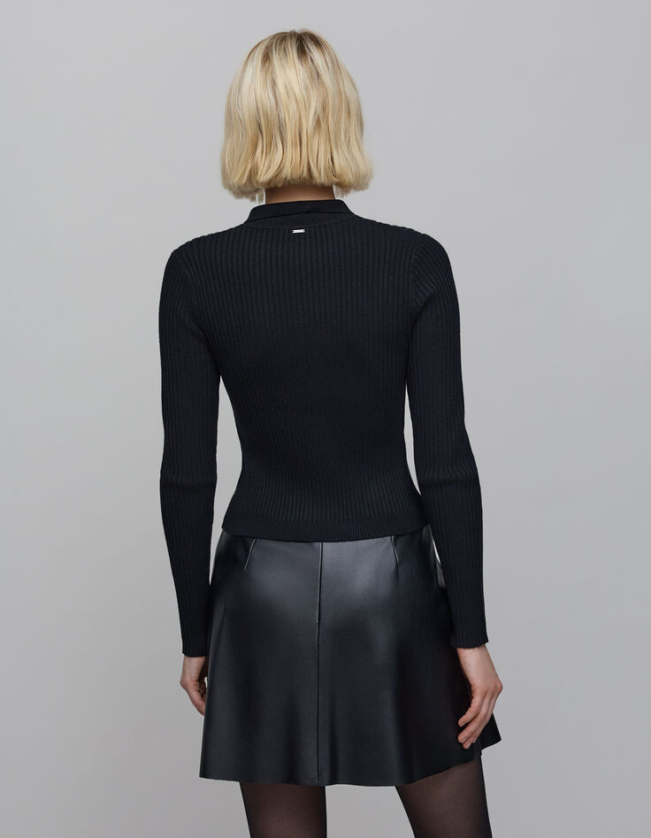 Schwarze gerippte Strickjacke mit Knopfleiste f&uuml;r Damen-4