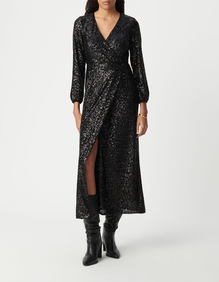 Women's black sequin-embroidered wrap dress-2